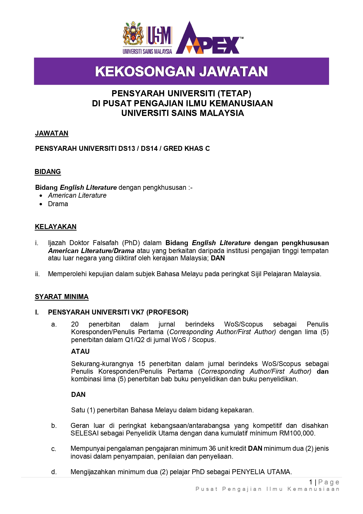 Iklan Kekosongan Jawatan Pensyarah Universiti Tetap 2025 Bidang American Literature page 0001