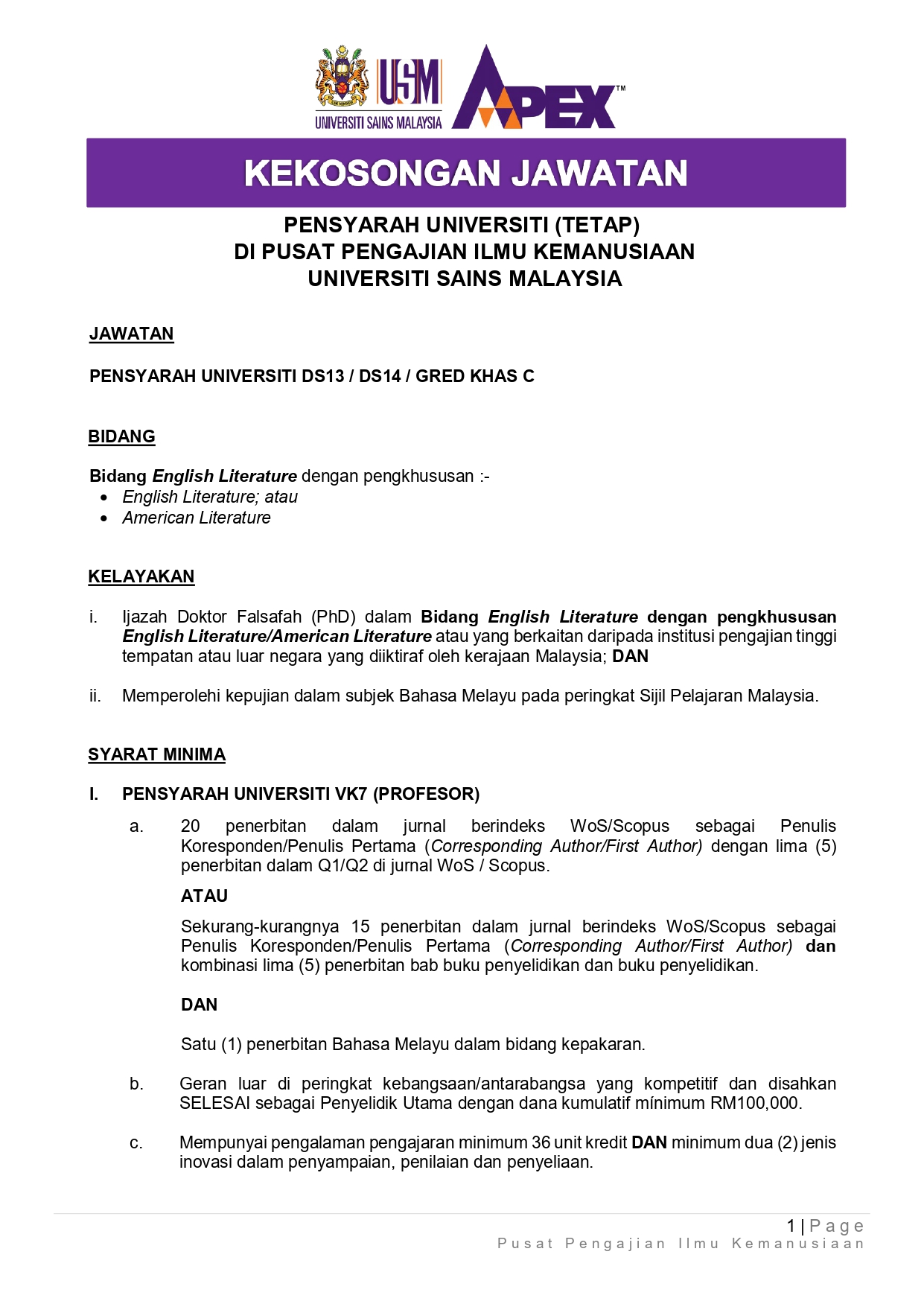 Iklan Kekosongan Jawatan Pensyarah Universiti Tetap 2025 Bidang English Literature dan American Literature 10 Oktober 2025 page 0001
