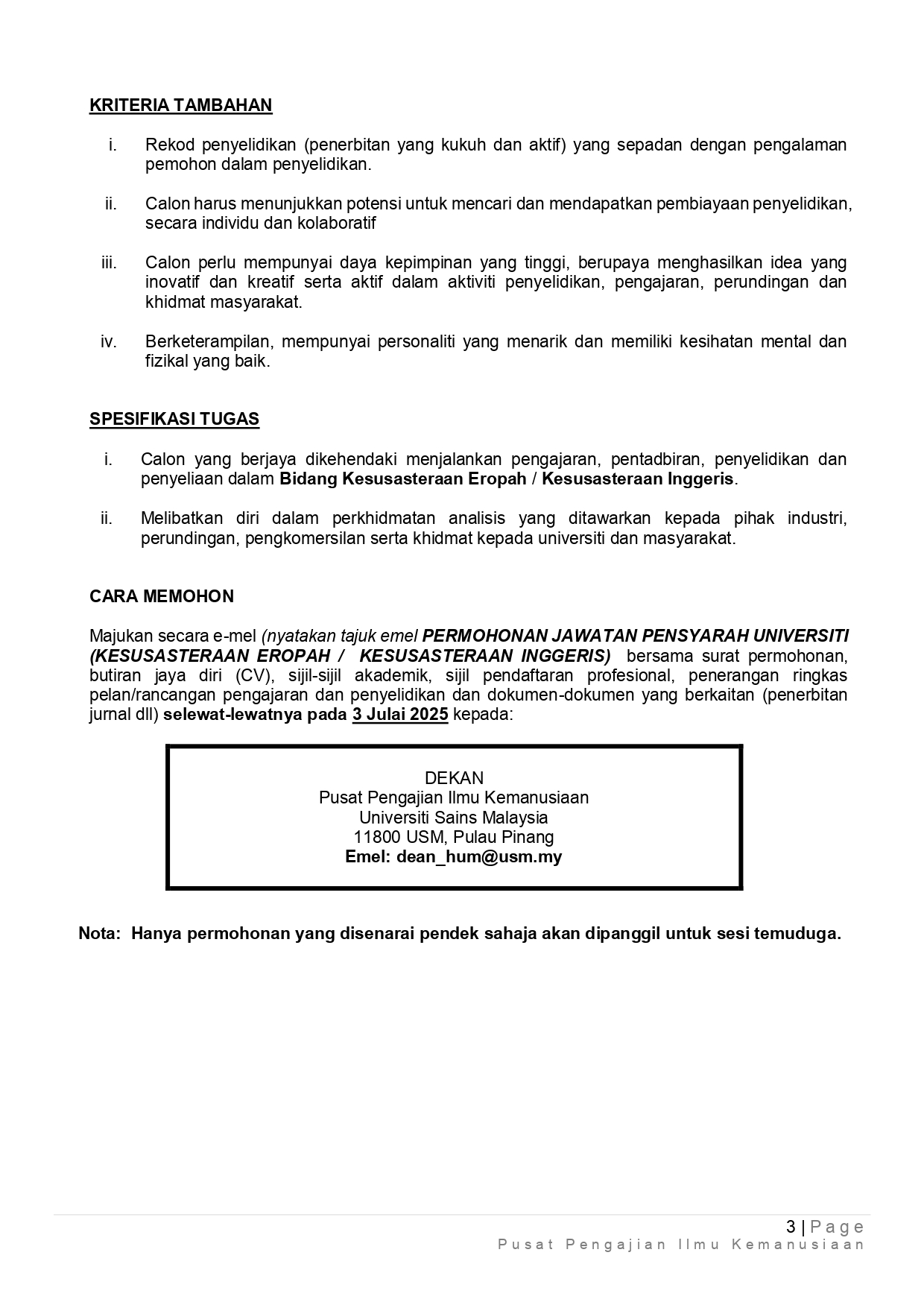 Iklan Kekosongan Jawatan Pensyarah Universiti Tetap 2025 Bidang Kesusasteraan Eropah Inggeris page 0003