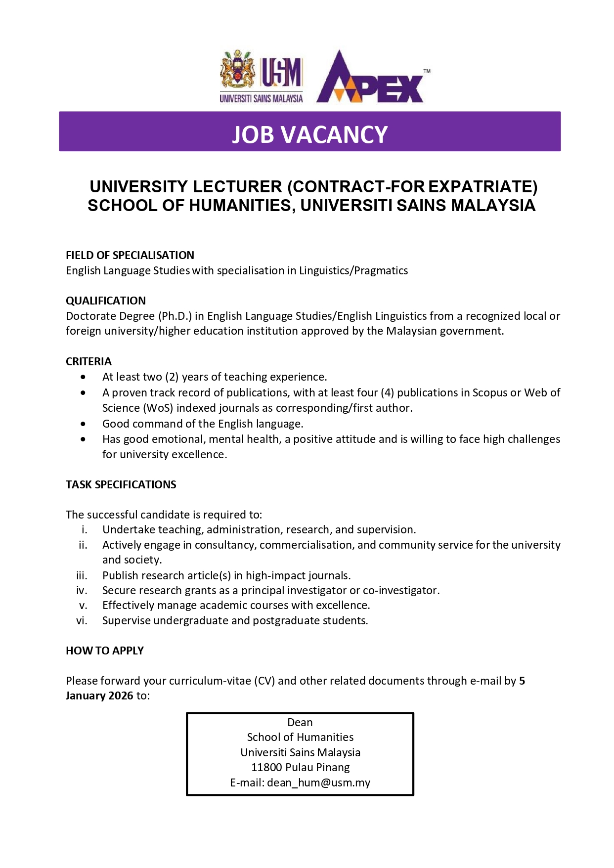 Job Vacancy University Lecturer Contract For Service School of Humanities pdf English page 0001